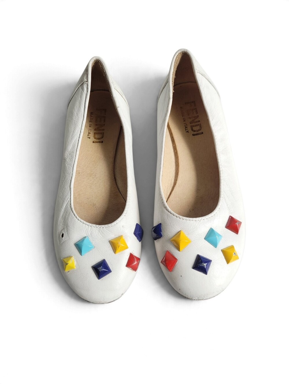 Fendi White Leather Ballet Flats with Multicolor Pyramid Studs Size 32
